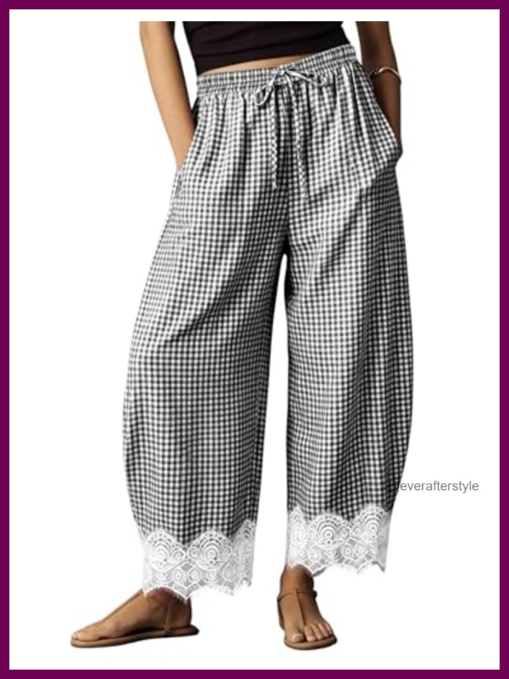 Barrel Pants Wide Leg Lace Trim Gingham High Rise Trousers